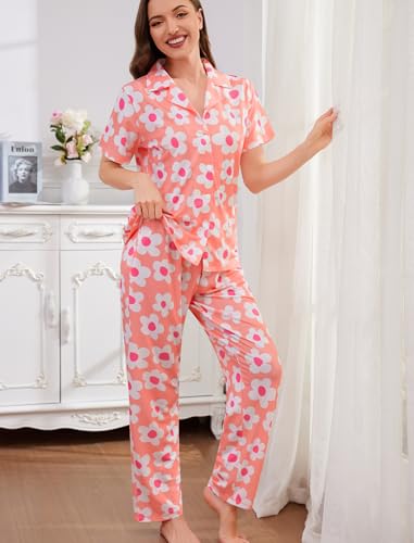 Image of SWOMOG Women Pajama Sets Two-Piece Nightwear Short Sleeve Sleepwear Button Down Pj Lounge Sets with Long Pants