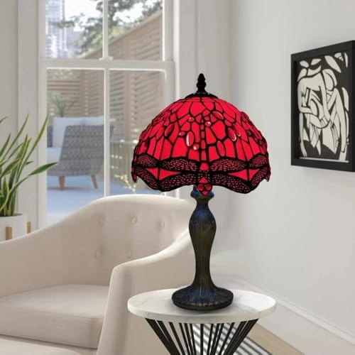 StefMary Stained Glass Tiffany Style Table Lamp Traditional Shape Red Handcrafted Bedside Light Desk Lampshade for Bedroom Livingroom Drawingroom