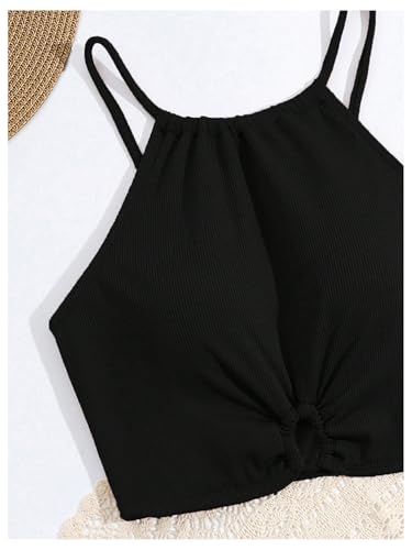 Image of RoseSeek Girl's 2 Piece Swimsuits O Ring Drawstring Sleeveless Cute Bikini Set High Waisted Bathing Suit Black 15Y