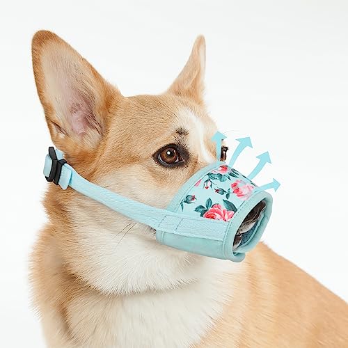 Dog Muzzle,Print Pet Muzzle For Small Medium Large Sized Dogs Anti Biting Barking Chewing,Air Mesh Breathable Drinkable Nylon Pattern Puppy Muzzle With Adjustable Loop Anti-Dropping -Blue Flower,S #TOP7