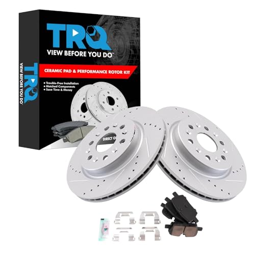 Image of TRQ Performance Rear Brake Pad and Rotor Set Ceramic Coated Drilled Slotted Rotors Compatible with 2021 Cadillac XT5