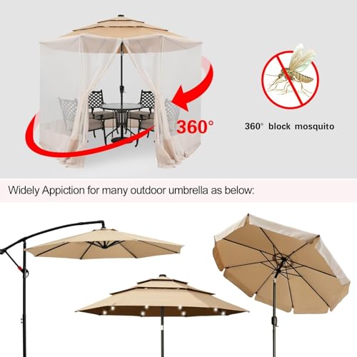 OUTDOOR WIND Upgraded 7-9FT Patio Umbrella Netting for Outdoor Umbrellas, Adjustable Umbrella Screen Mosquito Netting with Zipper and 8pcs Sandbags Universal for Most Market Umbrellas (Beige)