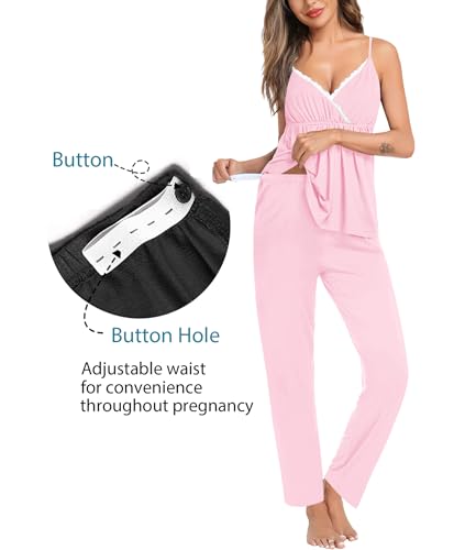 Image of SWOMOG Maternity Nursing Robe Set 3 Piece Breastfeeding Pajamas 3 in 1 Labor Delivery Sleevless Tops&Long Pants Pregnancy Pjs