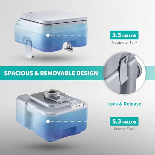 Image of 5.3-Gallon Portable Travel Toilet | Features Detachable Holding Tank /Sealing Slide Valve & Bellow-Type Flush | Easy Transport w /Compact Lightweight Design & Carry Handle | Gray