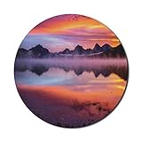 Ambesonne Glacier National Park Mouse Pad for Computers, Inland Body of Water with a Misty Weather and Sunset, Round Non-Slip Thick Rubber Modern Gaming Mousepad, 8' Round, Salmon Mauve