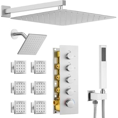 Dasan Thermostatic Dual Shower System with 6 Body Jets, 6-Inch Shower & 16” Rainfall Shower, Luxury Brushed Nickel Shower Faucet Set Rain Shower System for Couples/ 2-Person