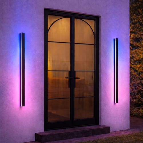 Image of Outdoor Wall Lights, 2 Pack 47.3 Inch Black Exterior Light Fixtures Wall Mount, RGB Modern Porch Lights Wall Sconce, Long Linear Wall Outside Lighting for House, Garage, Front Door
