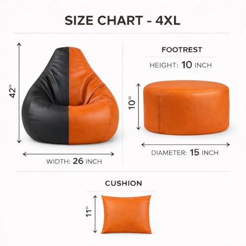 Image of 4XL Tear Drop Bean Bag Chair with Footrest & Pillow | Premium Leatherette Bean Bag Cover (Without Beans) Upto 150 Kg Capacity | Living Room Lounger (Orange::Black, XXXXL)