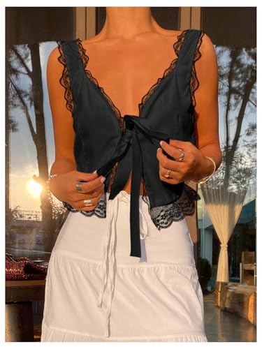 SOLY HUX Women's Y2k Lace Trim Open Tie Front Tank Top V Neck Sleeveless Tops Plain Black Medium-13