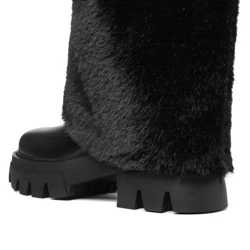 Knee High Heel Faux Fur Boots for Women Round Toe Chunky Platform Lug Sole Pull On Fashion Warm Winter Furry Tall Boots3