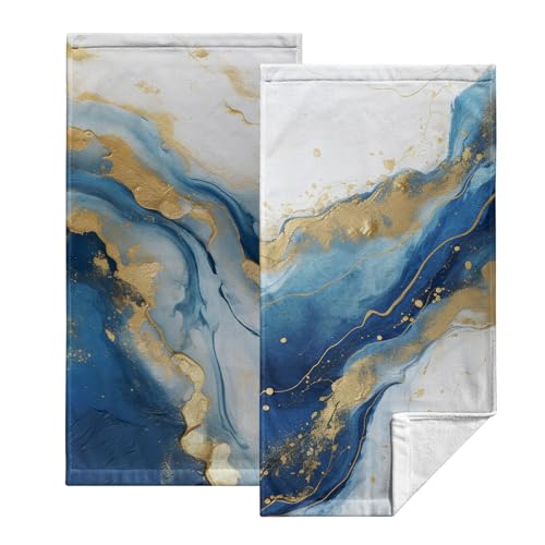 Kwlegh Blue Marble Hand Towels for Bathroom Abstract Modern Kitchen Towel Luxury Painting Fingertip Towels Gold Foil Face Towels Soft Absorbent Cotton Bath Towel for Guest Home Decor 2Pcs
