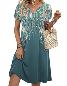 Zeagoo Damen Sommerkleid V-Ausschnitt Kurzarm Tunikakleid Leicht Knielang Freizeitkleider Elegant A-Linie Blumenkleid mit Knöpfen und Taschen Blau Blumen XL