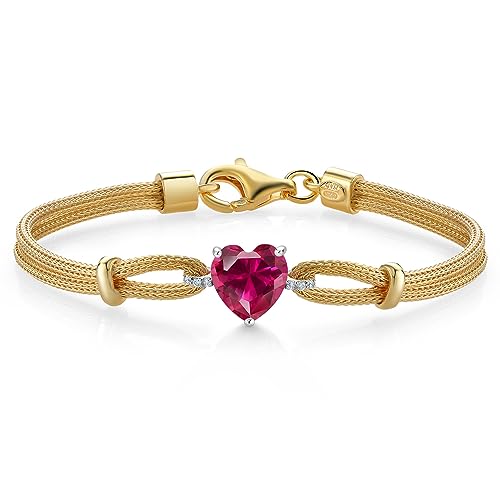 Gem Stone King 18K 2 Tone Sterling Silver Red Created Ruby and White Lab Grown Diamond Bracelet For Women (1.74 Cttw, Heart Shape 8MM, 6.5/7/7.5 Inches, Made In Italy)