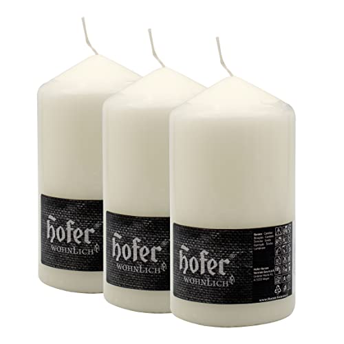 Hofer Velas Pilar - Paquete de 3 piezas - 60 horas de tiempo de combustión - Marfil - 8 cm x 15 cm - Cera sin perfume, sin goteo, larga duración, calidad de la UE Cover