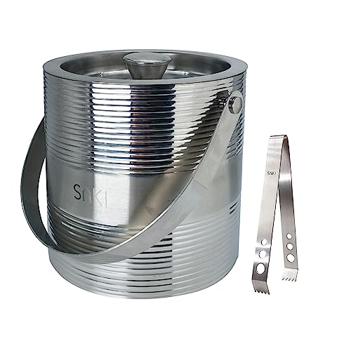 Image of SAKI | Metallic Ripple Ice Bucket with Tong - 1500 ml | Stainless Steel Double Walled Insulated | Ice Bucket for Bar & Home | Ripple Design Ice Bucket | Perfect for Gifting (Silver Finish)