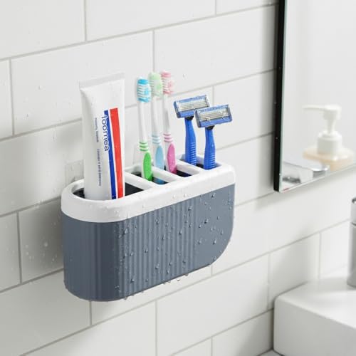 Image of HAPPI Self-Adhesive Wall-Mount Toothbrush Holder for Bathroom, Toothpaste Stand Storage Organizer Box (4-Compartments)