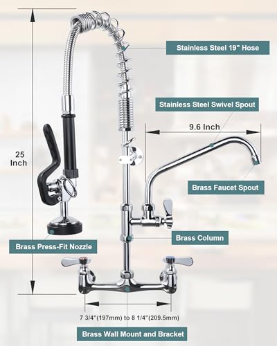 Image of 25 inch Height Commercial Faucet Wall Mount with Sprayer 8 inch Adjustable Center 9.6 inch Swing Spout, Kitchen Sink Faucet with Pull Down Pre-Rinse Sprayer for Restaurant Industrial Kitchen, Chrome