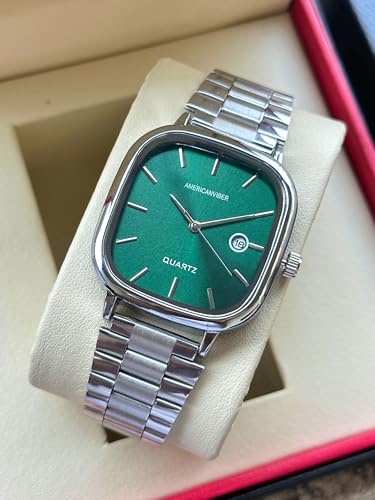 AMERICANVIBER Men's Silver Watch with Stainless Steel Band Green - Image 3