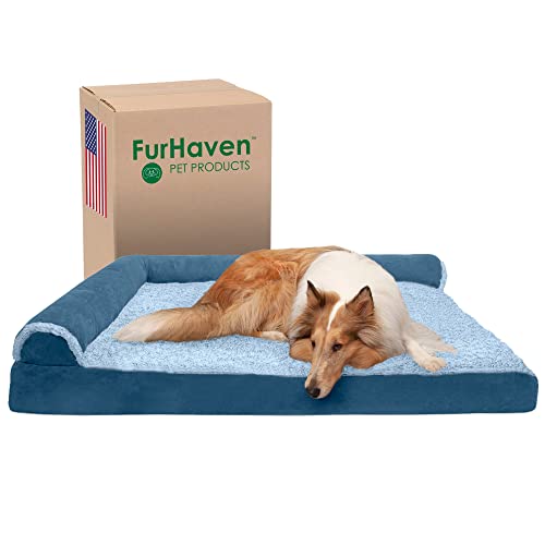 Image of Furhaven Cooling Gel Dog Bed for Large Dogs w / Removable Bolsters & Washable Cover, For Dogs Up to 125 lbs - Two-Tone Plush Faux Fur & Suede L Shaped Chaise - Marine Blue, Jumbo Plus /XXL