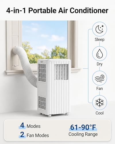 Image of 8,000 BTU Portable Air Conditioners, Cools Room Up to 350 Sq.Ft, 4-in-1 AC Unit with Dehumidifier & Fan Mode, Remote Control, Ultra-Quiet 50dB, White & Black, Easy Window Kit