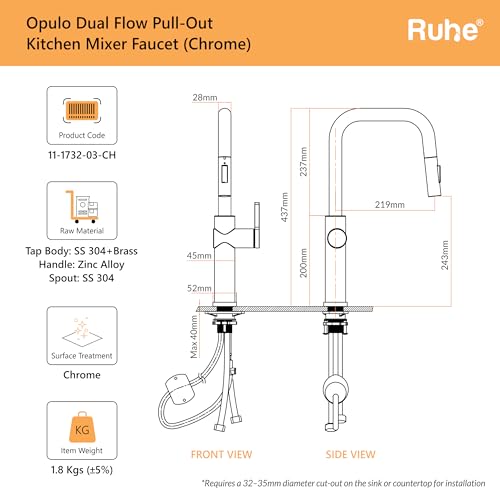 Image of Ruhe Opulo Dual Flow Pull-out Kitchen Mixer Faucet - Chrome | 360 Swivel | Hot & Cold Water Faucet | Single Lever Tap | Table Mounted Kitchen Sink Tap