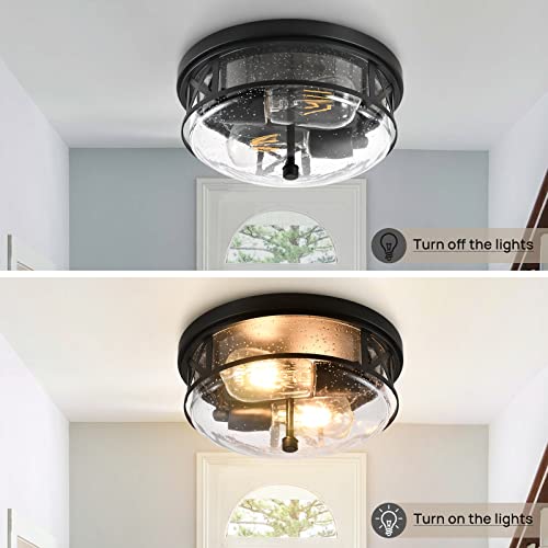2-Light Flush Mount Light Fixture, Close To Ceiling Light Fixture With Seeded Glass Shade, Black Industrial Lighting Fixtures Ceiling, For Hallway, Entryway, Dining Room, Bedroom, Living Room #TOP2