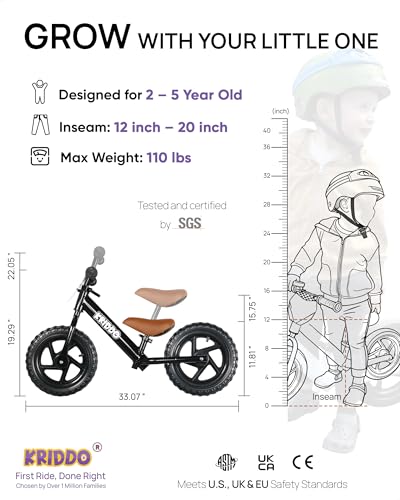 Image of KRIDDO Toddler Balance Bike 2 Year Old,12 Inch Push Bicycle with Customize Plate (3 Sets of Stickers Included), Steady Balancing, Gift Bike for 2-5 Boys Girls, Black