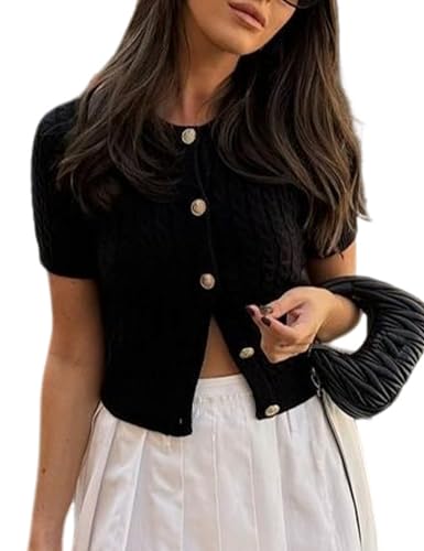 Yimoon Womens Short Sleeve Summer Cardigan Crop Button Down Cable Knit Sweater Basic Crewneck Slim fit Going Out Tops