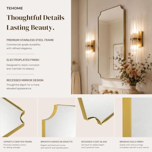 Image of TEHOME Gold Bathroom Mirrors, Brushed Brass Rectangle Scalloped Vanity Mirror for Bathroom,24x30''