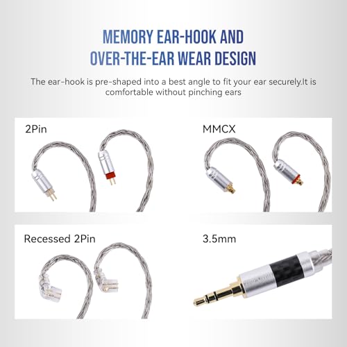 Linsoul Tripowin Zonie IEM Cable, 2m Long Earbud Cord, 16 Core Silver Plated Earphone Cable, in Ear Monitor Wire for Audiophile Musician (Recessed 2Pin)