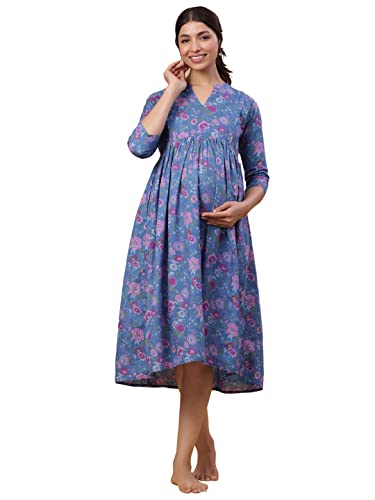 Image of Pre & Post Maternity /Nursing Wear Hand Printed Kurta Cum Midi Dress /Nighty with Both Sides Zipper for Easy Feeding for to Be Moms & Nursing Mothers � Pure Cotton Blue Pink