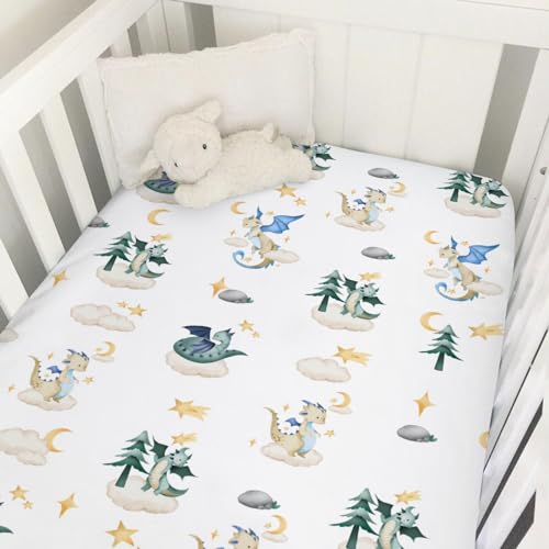 Image of Cartoon Fairy Tale Dragon Moon Stars Clouds Trees Baby Crib Sheets 52''x28'' Watercolor Dragons Stretchy Fitted Crib Mattress Cover for Boy Girl Soft Bed Sheet for Standard Crib Toddler Mattress