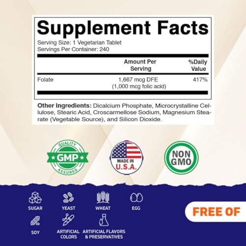 Image of Vitamatic Folic Acid 1000 mcg (1 mg), 240 Vegetarian Tablets, 3 Pack