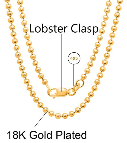 925 Sterling Silver Italian Solid Bead Ball Dog Tag Chain Necklace - 18K Gold Plated Bead Ball Chain Necklace Comes with Gift Box for Women & Men - Made in Italy2