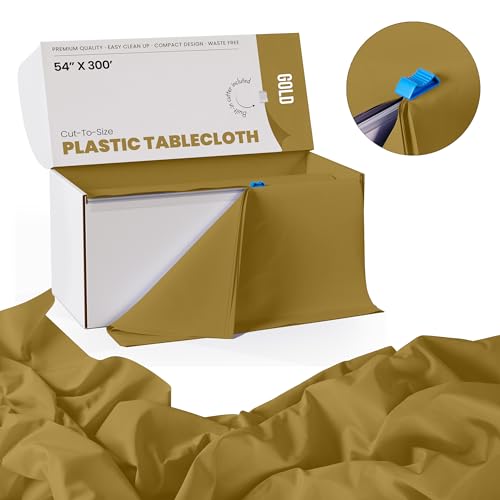 Image of Exquisite Party Solids 54 Inch X 300 Feet Gold Plastic Table Cover Roll in A Cut - to - Size Box with Convenient Slide Cutter. Cuts Up to 36 Rectangle 8 Feet Plastic Disposable Tablecloths