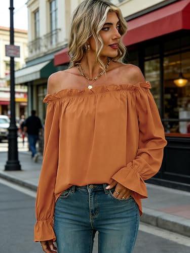 Off Shoulder Blouses for Women Dressy Casual Retro Ruffle Trim Summer Fall Fashion Long Sleeve Blouse Tops Burnt Orange M — view 3