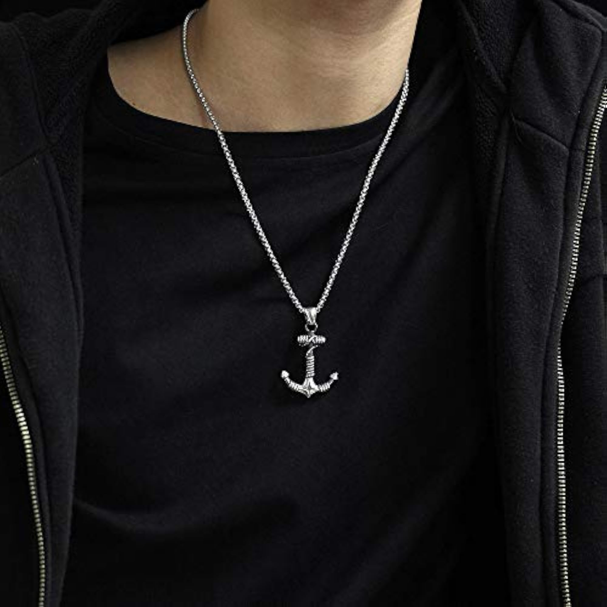 Stylish Silver Chain Anchor Pendant Necklace for Men