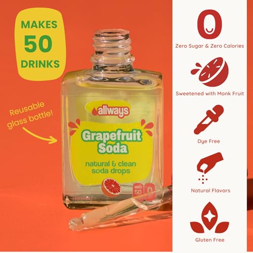 Image of Allways Drops Grapefruit Soda Water Enhancer | Sugar Free | 50 Servings | Natural Flavors • Monk Fruit Sweetened • Dye Free • No Artificial Sweeteners • Zero Calories • Gluten Free • Glass Bottle