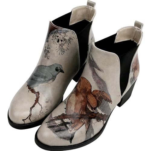 DOGO Chelsea Boots for Women - Vegan Leather and Handmade Heeled Ankle boots for Women, Chatting on a Branch Design