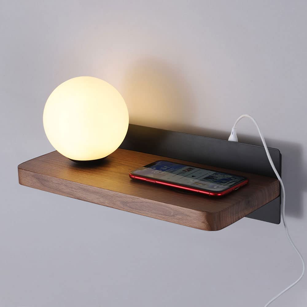 SXECAEPS Globe Walnut Wall Light Glass Bedside Sconce Lamp with USB Port Charging, Modern Headboard Lighting Fixture, Contactless Charge G9 Lamps for Bedroom Living Room