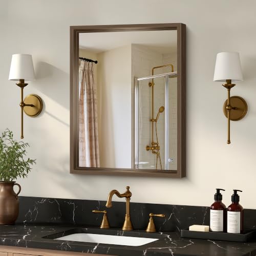 Image of Bathroom Mirror, 18 x 24 inch Walnut Wood Grain Colored Aluminum Metal Frame Bathroom Vanity Mirror, Rectangle Wall Mirror for Bedroom Living Room, Tempered Glass, Horizontal or Vertical