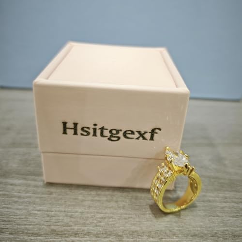 Yellow Gold-Plated Marquise Cut & Round Cut Cubic Zirconia Rings Simulated Diamond Bridal Engagement Ring,Vintage Style Wedding Band Ring Jewelry Gifts3