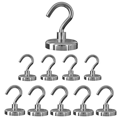 超強力 マグネットフック 10個入 垂直耐荷重18kg 金属製 直径2.0cm 磁石付き キッチン用 オフィス用 業務用 玄関 倉庫 壁掛け 収納 フック シルバー