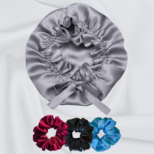 Image of Satin Bonnet for Hair with 3 Premium Scrunchies, Adjustable Silk Hair Cap for Sleeping, Satin Bonnet for Curly Hair with Drawstring (Silver)