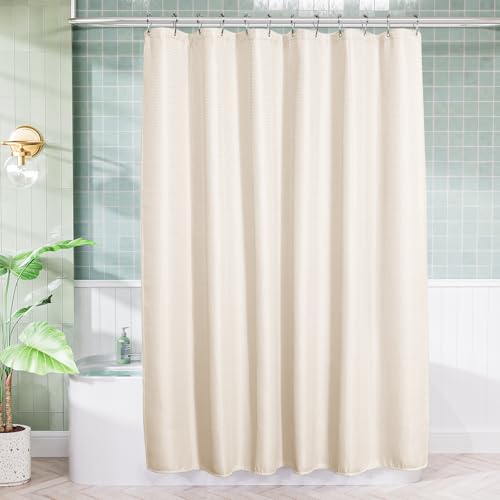 Image of AmazerBath Waffle Shower Curtain, Heavy Duty Fabric Shower Curtain with Waffle Weave Hotel Quality Bathroom Curtains, 72 x 72 Inches (Cream Yellow)