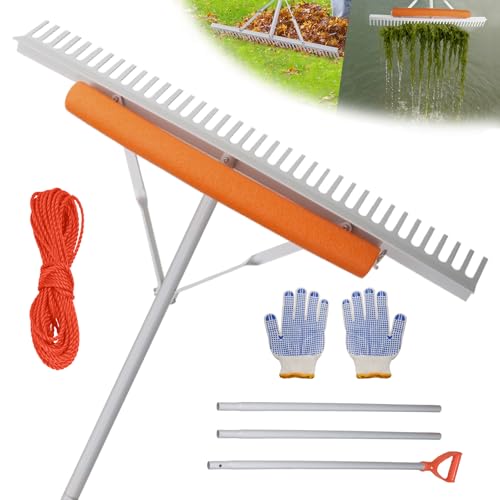 Fumingpal Floating Weed Lake Rake 36 Inch Widths Pond Rake Aquatic Weed Rake 133 Inch Extensible Multifunctional Folding Weeding Rakes Aluminum Landscape Rakes with 49.2 FT Rope