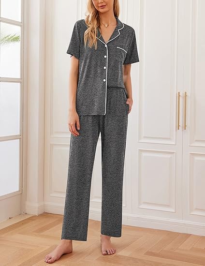Image of Ekouaer 2 Pack：Womens Pajamas Short Sleeve Pjs Notch Collar Button Up Loungewear Cozy Sleepwear Sets