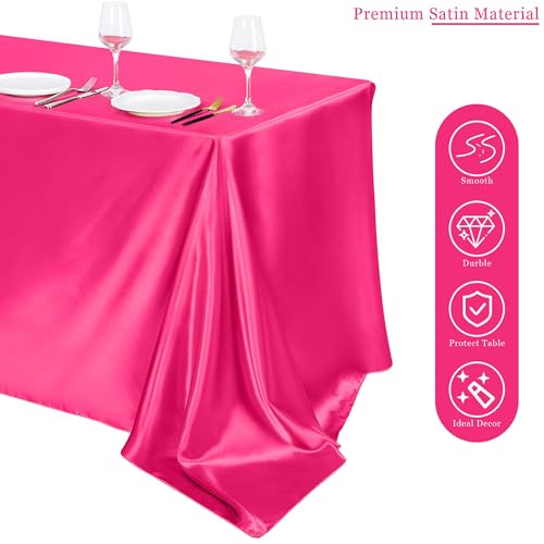 Image of TURSTIN 1 Pack Hot Pink Satin Tablecloth 102 x 58 Inch Overlay Satin Table Cover Rectangle Bright Silk Tablecloth Smooth Fabric Table Decoration for Wedding Banquet Party Events