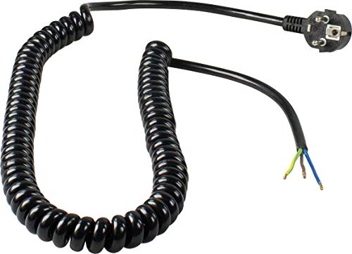 as - Schwabe câble de raccordement spiralé 2 m à 4  m H05VV-F 3G1,5-230  V / 16  A - fiche coudée avec Terre - câble Nu dénudé 60 mm - IP20 Usage intérieur - Haute fiabilité - Noir, 70428