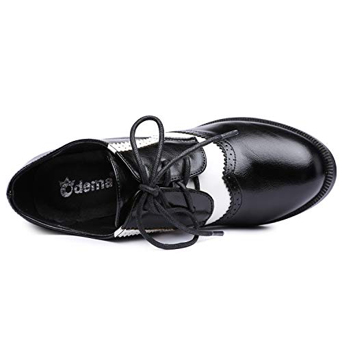 Odema Botas de cano curto femininas de salto alto Oxford com cadarço e ponta de asa, Black/White, 8.